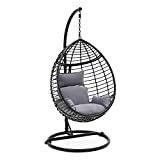SereneLife Hanging Egg Indoor Outdoor Patio Wicker Rattan Lounge Chair with Stand, Steel Frame, UV Resistant Washable Cushions for Garden Backyard Deck Sunroom SLGZ0EGG (Gray)