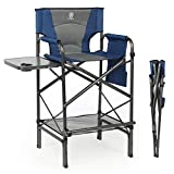 EVER ADVANCED Tall Directors Chair 30.7' Seat Height Foldable Makeup Artist Chair Bar Height with Side Table Cup Holder and Storage Bag Footrest High Folding Chair, Supports 350LBS (Blue/Grey)