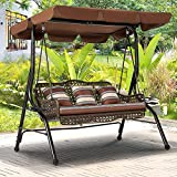AECOJOY 3-Seat Outdoor Patio Swing Chair, Large Converting Canopy Porch Swing Glider, Hammock Lounge Chair for Porch, Rattan Wicker Steel Frame Cushion & Pillow, Brown