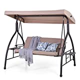 PHI VILLA 3-Seat Porch Swing with Canopy,Outdoor Swing with Retractable Side Table and Removable Cushion,Patio Swing Chair/Bench for Porch, Garden, Poolside, Balcony&Backyard,Alloy Steel Frame,Brown