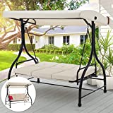 AECOJOY 3-Seat Outdoor Patio Swing Chair, Converting Swing Glider Canopy Hammock w/ Adjustable Backrest and Canopy, Removable Cushions for Porch, Backyard, Poolside, Beige
