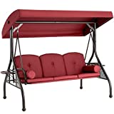 HOMREST 3 Seat Outdoor Porch Swing,Adjustable Canopy Porch Swings,Outdoor Swing with Stand, Patio Glider Chair with Thicken Cushions,Pillow & Cup Holder