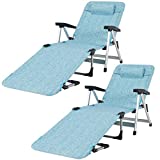 Giantex Patio Chaise Lounge Chair 7 Adjustable Position Folding Camping Cot, Outdoor Lounger with Cup Holder, Detachable Pillow, Beach Sleeping Recliner for Poolside, Lawn Sunbathing Chair (2, Blue)