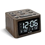 REACHER Wooden Dual Alarm Clock and White Noise Machine - Adjustable Volume, 6 Wake Up Sounds, 12 Soothing Sounds for Sleeping, Auto-Off Timer, USB Charger, Battery Backup, 0-100% Dimmer for Bedroom