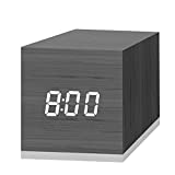 Digital Alarm Clock, with Wooden Electronic LED Time Display, 3 Dual Plus Alarm, 2.5-inch Cubic Small Mini Wood Made Electric Clocks for Bedroom, Bedside, Desk, Black
