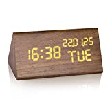 JCHORNOR Wood Digital Alarm Clock, Led Time Display Wooden Digital Desk Clock with Date, Temperature Detect Triangle Wooden Alarm Clock for Bedroom, Beside, Kid Room-Brown