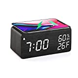 Wooden Digital Alarm Clock with Wireless Charging, 3 Alarms LED Display, Sound Control and Snooze Dual for Bedroom, Bedside, Office (Black)