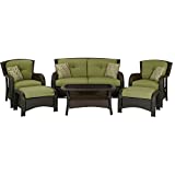 Hanover Strathmere 6-Piece Outdoor Patio Conversation Set, 2 Side Chairs with Ottomans, Loveseat and Tempered Glass Coffee Table, with Hand-Woven Wicker and Thick Cilantro Green Cushions, STRATHMERE6PC