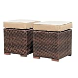 Patiorama 2 Pieces Assembled Outdoor Patio Ottoman, Indoor Outdoor All-Weather Dark Brown Wicker Rattan Outdoor Footstool Footrest Seat with Beige Cushions, No Assembly Required