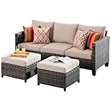 OVIOS Patio Sofa, All Weather Outdoor Rattan Wicker Sofa and 2 Ottomans High Back Couch for Garden Backyard Porch (3 PCS, Beige)