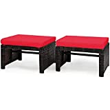 Tangkula 2 Pieces Patio Rattan Ottomans, All Weather Outdoor Footstool Footrest Seat with Soft Cushion, Hidden Zipper, High-Density Sponge, Wicker Ottoman Seat for Patio, Garden, Poolside (Red)