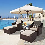 SUNCROWN 5-Piece Patio Furniture Set, All-Weather Outdoor Lounge Chair, Cushioned Patio Chairs Set of 2 with Ottoman and Glass Side Table (Brown Wicker)