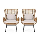 Great Deal Furniture Crystal Outdoor Wicker Club Chairs with Cushions (Set of 2), Light Brown and Beige