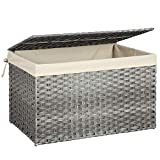 SONGMICS Storage Basket with Lid, Rattan-Style Storage Trunk with Cotton Liner and Handles, for Bedroom Closet Laundry Room, 29.9 x 17.1 x 18.1 Inches, Gray URST76WG