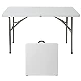 ZenStyle 4 ft Indoor Outdoor Heavy Duty Plastic Folding Table Portable Picnic Table Fold-in-Half Utility Table w/Handle and Steel Legs for Camping, Dining, Party, White