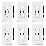 ELEGRP USB Charger Wall Outlet, Dual High Speed 4.0 Amp USB Ports with Smart Chip, 20 Amp Duplex Tamper Resistant Receptacle Plug, Wall Plate Included, UL Listed (6 Pack, Glossy White)