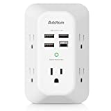 USB Wall Charger Surge Protector 5 Outlet Extender with 4 USB Charging Ports ( 1 USB C Outlet) 3 Sided 1800J Power Strip Multi Plug Outlets Wall Adapter Spaced for Home Travel Office ETL Listed