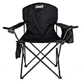 Coleman Camp Chair with 4-Can Cooler | Folding Beach Chair with Built In Drinks Cooler | Portable Quad Chair with Armrest Cooler for Tailgating, Camping & Outdoors , Black, Roomy seat: 24'