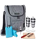 LENAMOYOS Wine Cooler Bag with Tons of Accessories! Wine Carrier with Cheeseboard, Wine Knife, Stopper, Ice Packs and Wine Glasses! Wine Tote and Picnic Bag with Shoulder Strap for Wine Lover (Grey)