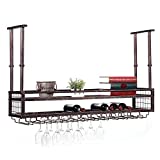 Hanging Wine Rack with Glass Holder and Shelf,Adjustable Metal Ceiling Bar Wine Glass Rack,2-Layer Industrial Wall Mounted Wine and Glass Rack,47.2in Iron Bottle Holder Wine Shelf(Bronze)