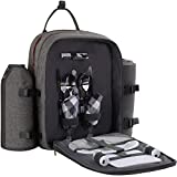 ALLCAMP OUTDOOR GEAR Picnic Backpack for 2 Person W/ Detachable Bottle/Wine Holder, Fleece Blanket, Plates and Cutlery Set (Grey)