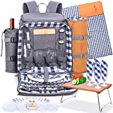 Family Picnic Backpack for 4 - Complete Picnic Basket for 4 with Folding Table, Insulated Cooler Compartment, Wine Holder, Waterproof Picnic Bag with Blanket and Complete Cutlery and Picnic Set - Gray