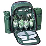 Picnic Backpack for 4 Person, Large Picnic Bag Set with Cooler Compartment, Wine Bag, Picnic Blanket for Camping, Day Travel, Hiking, BBQs, Family or Wedding Gifts (Green)