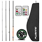PLUSINNO Fly Fishing Rod and Reel Combo, 4 Piece Lightweight Ultra-Portable Graphite Fly Rod 5/6 9’ Complete Starter Package with Carrier Bag