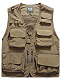 Flygo Men's Casual Lightweight Outdoor Travel Fishing Vest Jacket Multi Pockets (Large, Khaki)