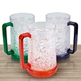 Freezer Ice Beer Mugs, Drinking Glasses, Double Wall Gel Frosty Beer Mugs, Cooling Wine Cups for Parties and Gifts, Clear 16oz Set of 3 (Green, Orange and Purple)