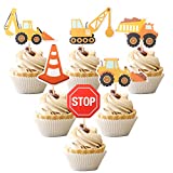 36 PCS Construction Cupcake Toppers Stop Sign Dump Truck Excavator Tractor Party Cake Food Picks Decorations for Construction Theme Baby Shower Kids Birthday Party Supplies