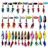 Roostertail Spinner Fishing Lures Kit,30pcs Metal Spoon Lures with Feathered Treble Hooks for Bass Walleye Trout Freshwater Saltwater