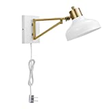 Globe Electric 51344 Berkeley 1-Light Plug-in or Hardwire Swing Arm Wall Sconce, White, Brass Accents, White Cloth Cord 5.75'