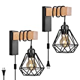 Plug in Wall Sconces Set of Two,Farmhouse Wall Mounted Lights with Plug in Cord,Black Wall Lamp for Bedroom Bedside Living Room,with Wood Arm and 70.8inch On/Off Switch Cord ,2 Pack