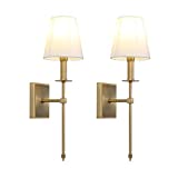 Permo Set of 2 Classic Rustic Industrial Wall Sconce Lighting Fixture with Flared White Textile Lamp Shade and Antique Brass Tapered Column Stand