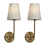 Pathson 2-Pack Vintage Wall Sconce, 1-Light Wall Light with Linen Fabric Lamp Shade, Industrial Wall Mounted Fixture for Bedroom Living Room, Antique Brass Finish (Antique)