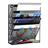 Mesh Hanging Wall File Organizer 6 Tier Vertical Mount, Durable Wall File Holder with Bottom Flat Tray for Office Home， Black