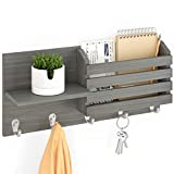 Ballucci Wall Mount Key Holder and Mail Sorter Organizer, Wooden Rustic Floating Shelf Coat Rack with 5 Metal Hooks, for Entryway, Living Room, Mudroom, Kitchen - Brushed Gray