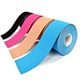 OBTANIM 4 Rolls Waterproof Breathable Cotton Kinesiology Tape, Athletic Elastic Kneepad Muscle Pain Relief Knee Taping for Gym Fitness Running Tennis Swimming Football (Black, Skin, Pink, Light Blue)