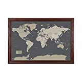 Push Pin Travel Maps Personalized Earth Toned World with Solid Wood Cherry Frame and Pins - 27.5 inches x 39.5 inches