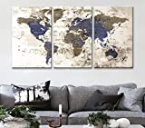 Original by BoxColors LARGE 30'x 60' 3 panels 30x20 Ea Art Canvas Print Watercolor Beige Old Map World Push Pin Travel Wall home decor (framed 1.5' depth) M1811