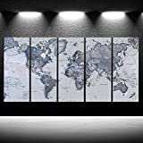 iKNOW FOTO 5 Pieces Vintage World Map Canvas Prints Push Pin Map Wall Art Decor Trace Travel Marks Map Wall Decor Abstract The Map of The World Antique Framed Picture for Living Room Office 16x40inx5