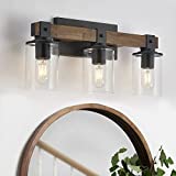3-Light Farmhouse Vanity Lights,Rustic Wood Bathroom Lighting Fixtures,Industrial Vintage Metal Wall Sconces Light with Clear Glass