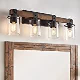 Bathroom Vanity Light Fixtures, 4-Light Bathroom Wood Wall Sconce with Clear Glass Lights Shade, Rustic Vintage Wall Light Fixture Over Mirror for Bedroom, Kitchen, Living Room, Hallway