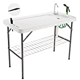 Avocahom Folding Fish Cleaning Table Portable Camping Sink Table with Faucet Drainage Hose & Sprayer Outdoor Fish Fillet Cleaning Station with Grid Rack & Knife Groove for Picnic Fishing
