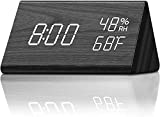 Digital Alarm Clock, Electronic LED Time Display 3 Alarm Settings Adjustable Brightness Humidity & Temperature Detect Wood Design for Bedroom, Bedside, Desk, Office (Black)