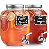 1-Gallon Glass Beverage Drink Dispenser (2 Pack) with 18/8 Stainless Steel Spigot - Wide Mouth Easy Filling - Mason Jar Drink Dispensers with Lids, Wooden Chalkboards - 100% Leakproof