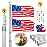 Hooomyai 20FT Telescopic Flag Pole Kit, Heavy Duty Aluminum Telescoping Flagpole Kit Fly 2 Flags, Outdoor In Ground Flagpole with 3x5 USA Flag & Gold Ball Top for Residential or Commercial, Silver