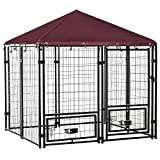 PawHut Indoor/Outdoor Metal Dog Kennel, Dog House with Lock, Weather Resistant Canopy and 2 Bowl Holders and Bowls, 4.6' x 4.6' x 5', Black/Red