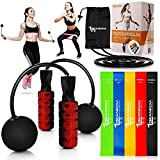 BRANKEM Cordless Jump Rope with 5 pc Resistance bands set, 2 in 1 Ropeless jump Rope with Extra skipping Rope for indoor and outdoor Fitness, Adjustable Weighted bod Rope with Latex Workout Bands for Women and Men